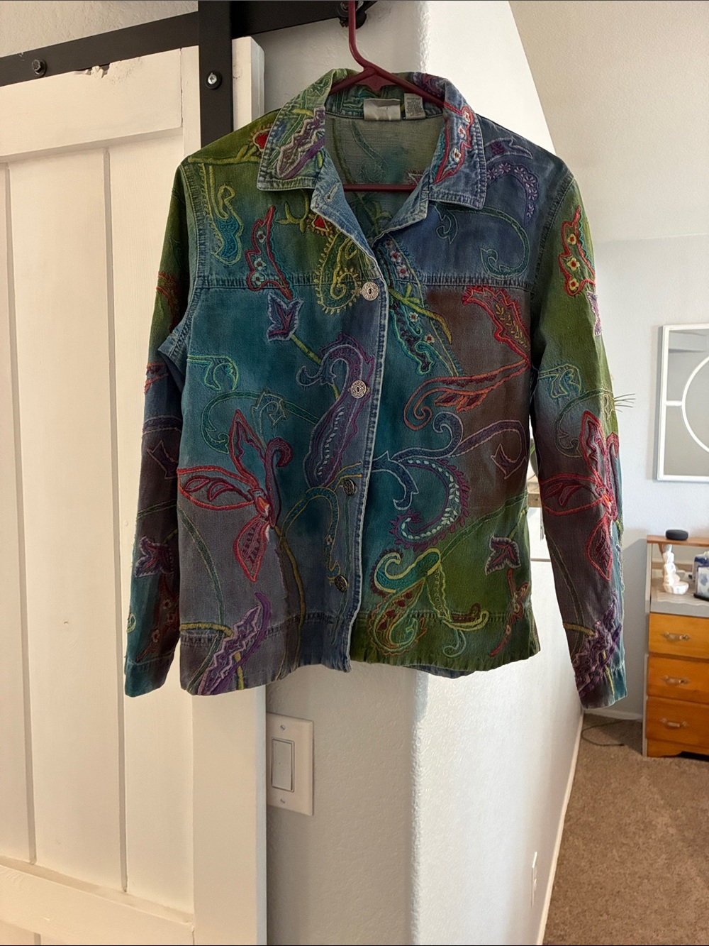 Vintage!!! Chico's Multicolor Embroidered Jean Jacket in Green, Blue & Purple